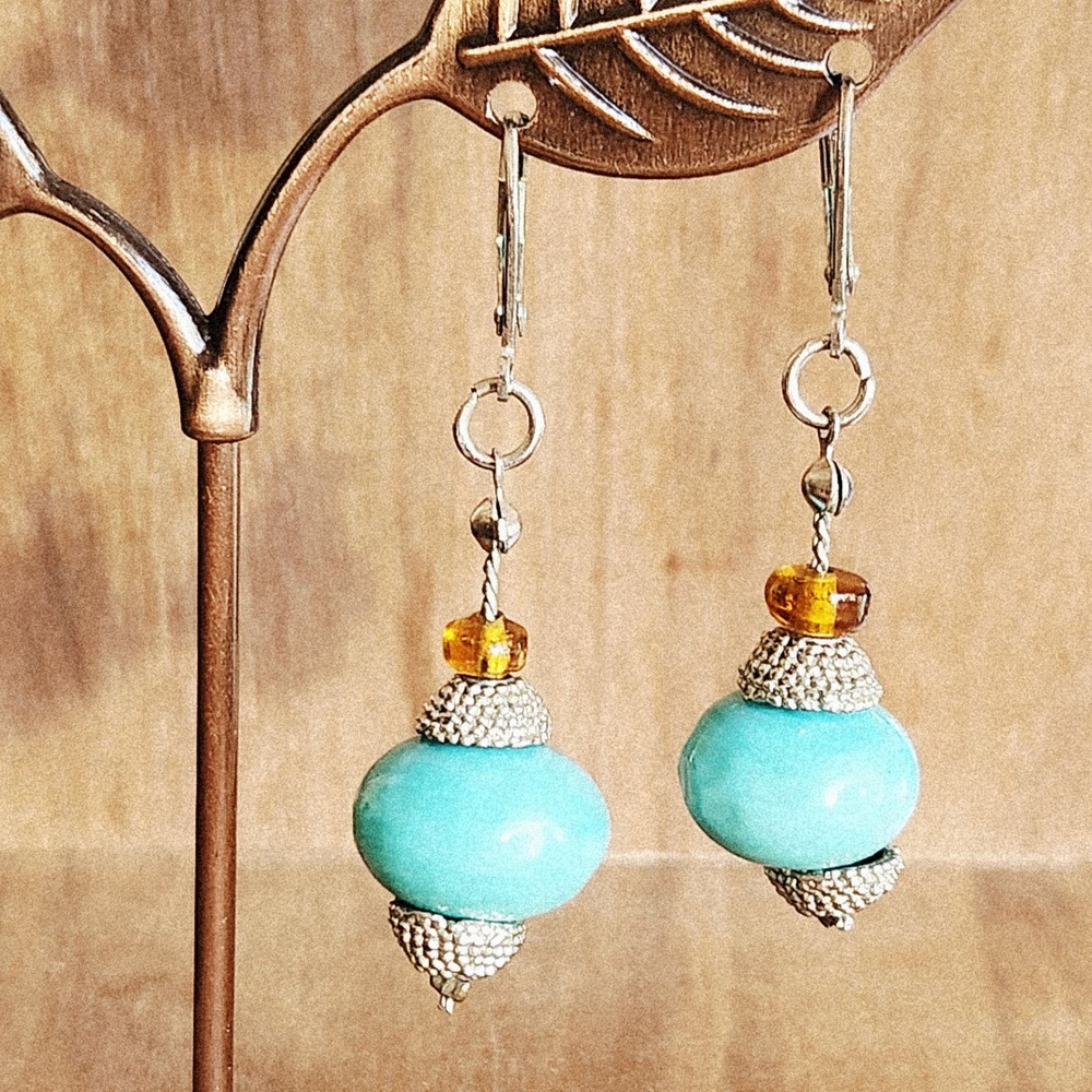 Bohemian Turquoise Amber Silver Tone Leverback Dangle Earrings Beaded Drop